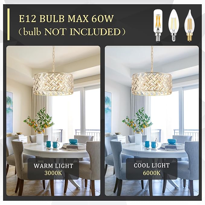 CATINER Gold Crystal Chandelier Modern 18" Round Semi Flush Mount Ceiling Light for Dining Living Room Bedroom & Foyer - Large Round Pendant Fixture