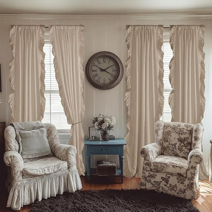 StangH Cottage Ruffle Curtains 96 Inches Long, Ristic Farmhouse Drapes for Large Window, Shabby Chic Privacy Country Panels for Living Room/Bedroom, Beige, W52 x L96, 2 Panels