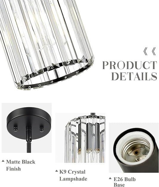Crystal Pendant Light, Mini Chandelier with Matte Black Finish, Modern Hanging Light Fixture for Kitchen Dining Room Bedroom, CKPL5510-1P-BK