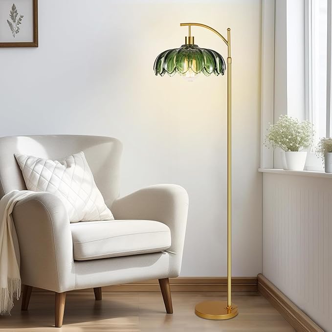 AHDWDW Floor Lamp for Living Room Bedroom,Gold Dimmable Standing Lamp with Remote,Mid Century Modern Brass Tall Lamp Vintage Green Glass Lamp Floor Light,Arc Unique Floor Lamps for Office Corner