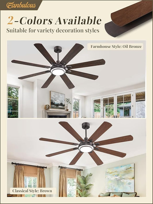 Fanbulous 65 Inch Ceiling Fans with Lights and Remote, Oil Bronze Ceiling Fan with 8 Dual-Color Blades, Indoor Large Ceiling Fans, Reversible DC Motor, 6-Speed, 3CCT for Living Porch Patio