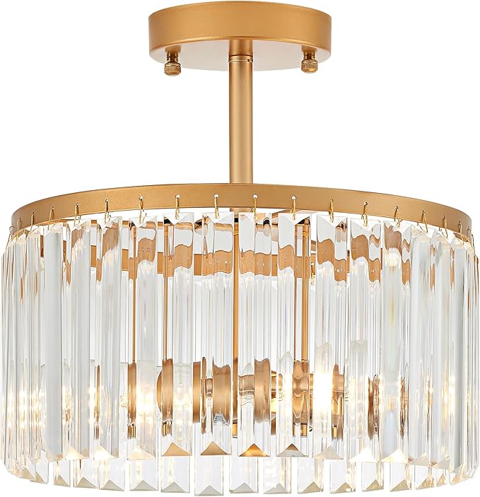 12" Gold Semi Flush Mount Crystal Ceiling Light Fixtures for Kitchen Modern Industrial 2-Light Small Chandeliers Lighting for Bedroom Entryway Hallway Living Dining Room Foyer