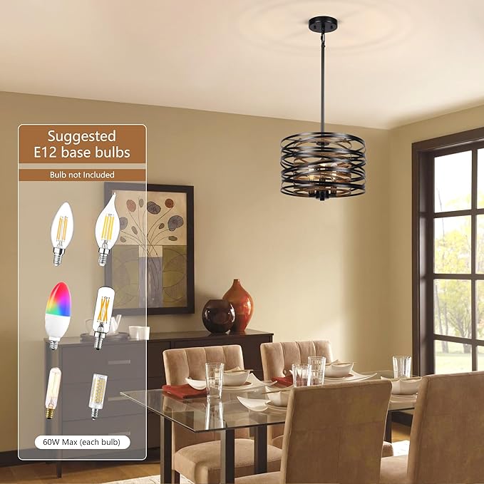 Sigaitwei 3-Light Dining Room Chandelier,12.6" Rustic Black Drum Chandeliers,Wood Grain and Vintage Light Fixture for Kitchen Entryway Living Room