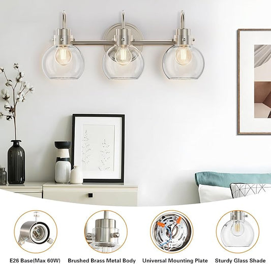 3 Lights Vanity Light, Brushed Nickel Bathroom Light Fixtures, Farmhouse Wall Sconces with Globe Clear Glass Shade, Porch Wall Mount Lamp for Mirror, Kitchen, Porch, Living Room, Workshop (E26 Base)