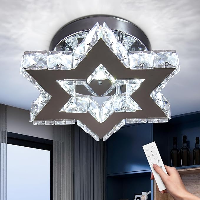 Mini LED Crystal Chandelier - Modern Dimmable Flush Mount Ceiling Light Fixture with Remote - Small Star Chandelier for Hallway, Foyer, Kitchen, Stair, Closet - 3 Colors Adjustable
