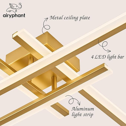 Gold Modern Led Chandelier 4-Lights Semi-Flush Mount Ceiling Lighting Fixture 35.4” Dimmable Remote Control Ceiling Light for Living Room Bedroom Kitchen Foyer