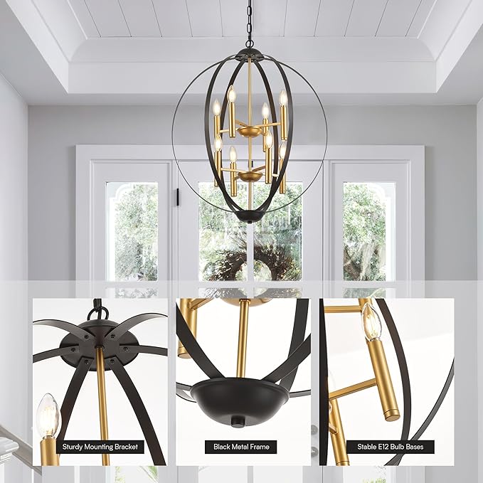 23.6''Black Gold 8-Light Globe Chandelier, Modern Industrial Adjustable Hanging Ceiling Pendant Light Fixture for Entryway Foyer Stairway Hallway Bedroom Living Room Kitchen Island