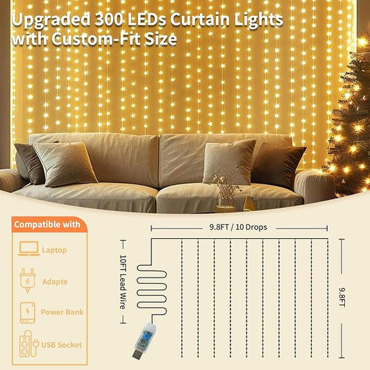 2 Pack Fairy Curtain Lights, 300 LED Upgraded Tangle-Free Hanging Lights with Remote, USB Plug in String Lights for Wall Window Wedding Party Xmas Home Décor - 9.8 x 9.8 Ft, Warm White