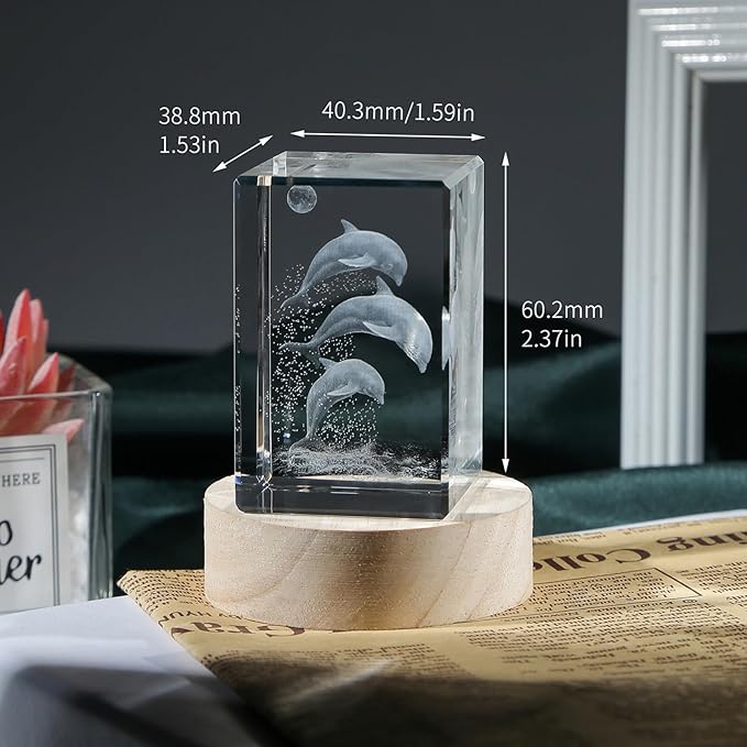 3D Crystal Dolphin Figurine Night Light with LED Base, Birthday Gift for Kids Women, Thanksgiving Christmas Valentines Anniversary Birthday Gifts