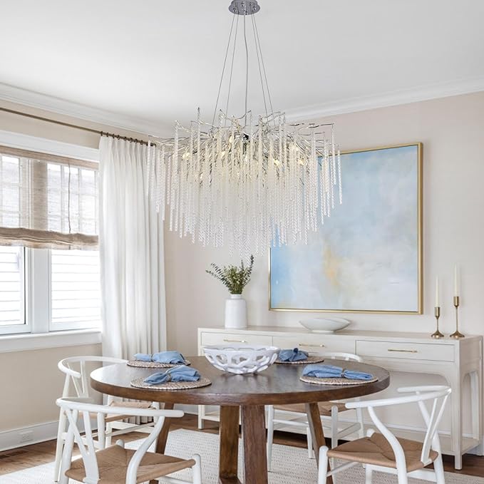 Crystal Chandelier Modern Chandelier Ceiling Light Fixture, 31.5in Waterfall Tree Branch Chandeliers for Dining Room Kitchen Island Living Room Foyer 10-Light (Silver)