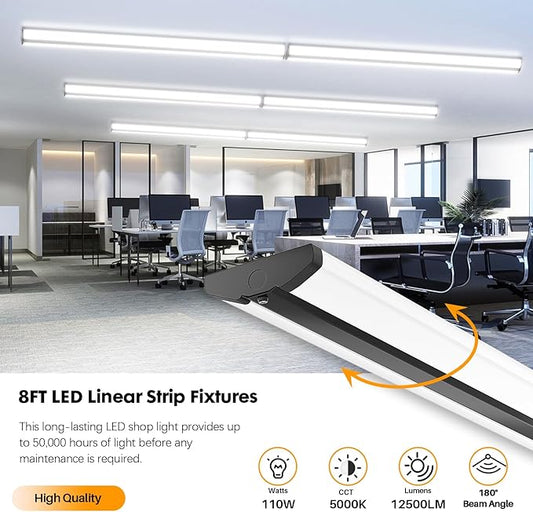 110W 8FT LED Shop Lights, Ultra Slim LED Wraparound Strip Lighting, 12500LM 5000K, 8 Foot Flush Mount Garage Warehouse Office Ceiling Light Fixture, Fluorescent Tube Replacement, 4 Pack