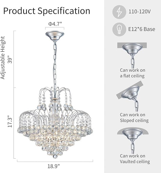 WUZUPS Crystal Chandelier Pendant Flushmount Ceiling Light Modern Lighting Fixture for Bedroom Hallway Bar Kitchen Bathroom, H 17.3" x W 18.9", Silver, E12 Base