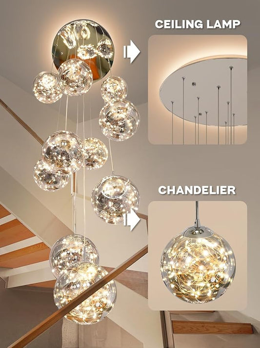 10-Light High Ceilings Long Chandeliers LED Staircase Chandelier High Ceiling Chandelier for Entryway,Modern Crystal Long Pendant Light, Adjustable Length 16" W x79 H,50W