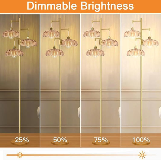 Gold Floor Lamps for Living Room Bedroom-3 Light Glass Floor Lamp with Three Led Bulb, Flower Tall Floor Lamp Dimmable Mid Century Modern Standing Lamp Vintage Tree Floor Lamps for Bedroom Corner