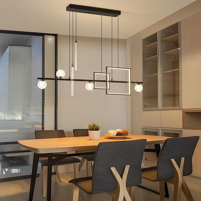 ORANOOR Modern LED Pendant Lights, 47in Dimmable Linear LED Chandelier Lighting, Square Black & Gold Dining Room Hanging Light Fixtures Kitchen Island Globe Pendant Light for Dining Table (4200lm)