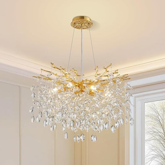 Modern Tree Branch Crystal Chandelier 23.6" Gold Luxury Large Pendant Lighting 8-Light Contemporary K9 Crystal Chandeliers for Dining Room Kitchen Living Room Foyer Entryway (Gold, D23.6"-Round)