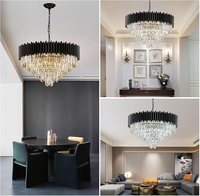 30'' Black Crystal Chandelier 6-Tier K9 Crystal Round Pendant Lights 15-Lights Adjustable Large Modern Crystal Chandelier Light for Dining Room Living Room Kitchen Foyer Entryway