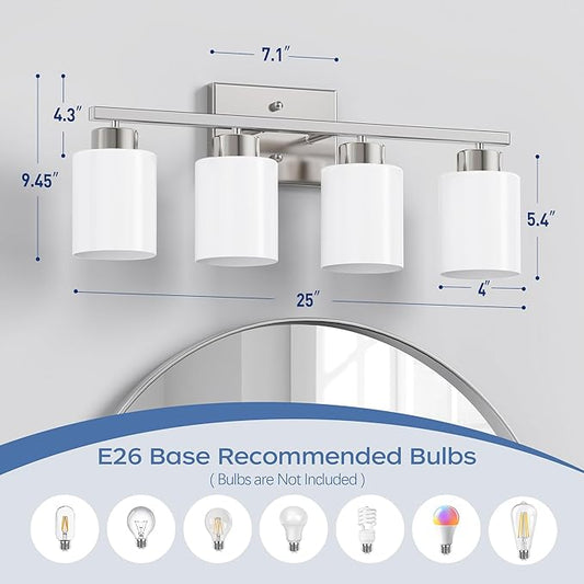 PARTPHONER 4-Light Brushed Nickel Bathroom Light Fixtures, Modern Vanity Light Over Mirror Lighting, Wall Sconce with Frosted Milky White Glass Shades for Bedroom Living Room Kitchen Hallway