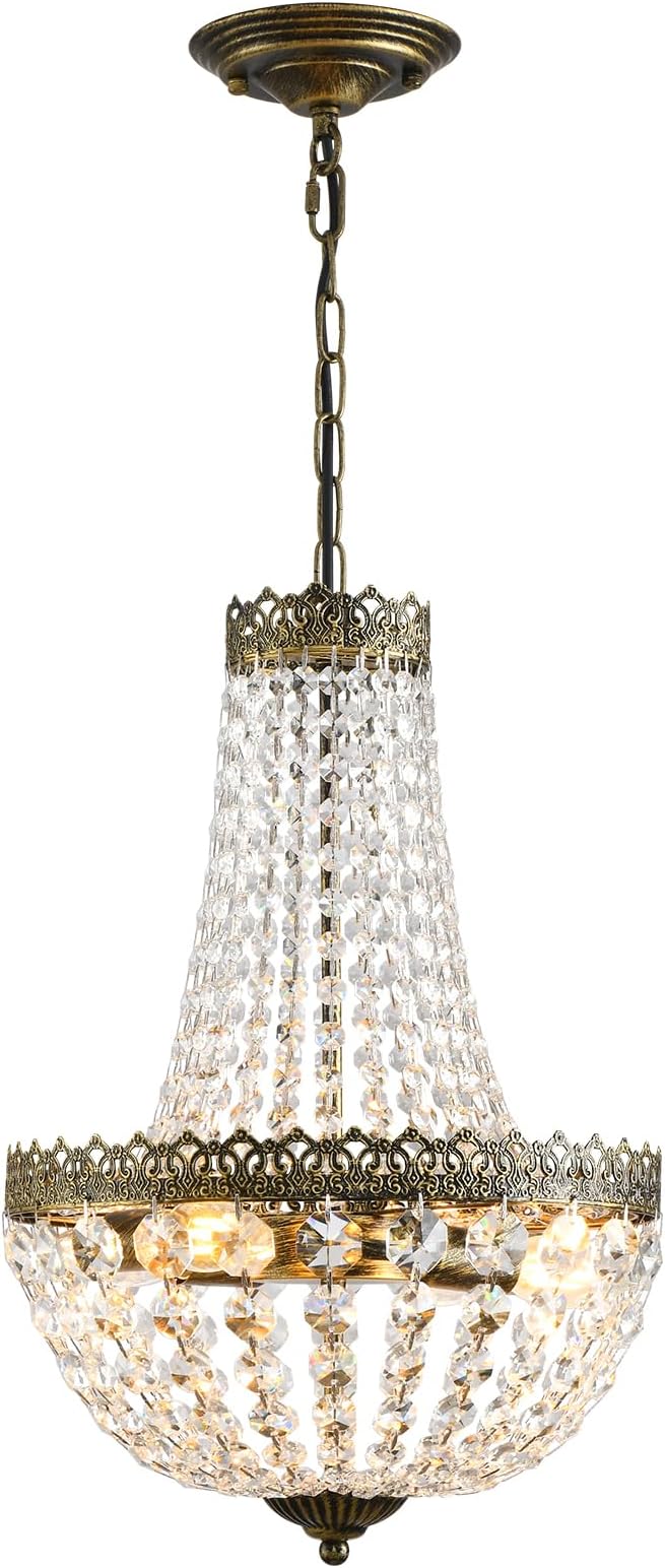 4 Lights French Empire Mini Crystal Chandelier Farmhouse Pendant Lighting,Antique Brass Finish Ceiling Light Fixture for Dining Room Bedroom Foyer Living Room, W12.6 x H19.7