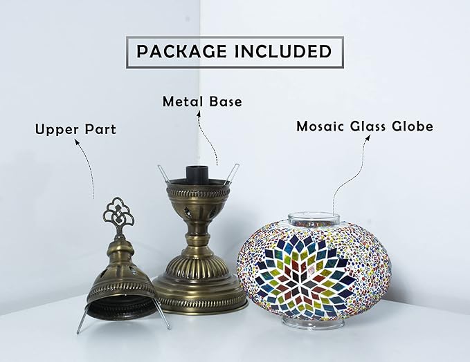 Turkish Mosaic Lamp with Bulb – Handmade Star Fire Stained Glass Table Light, Antique Bohemian Vintage Decor for Bedroom or Living Room, E12 Socket