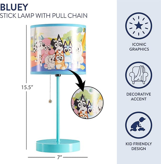 Bluey Table Lamp for Kids,Stick Lamp with Printed Shade & Pull Chain,Bedroom or Nursery Nightstand Lighting,Official Bluey Merchandise
