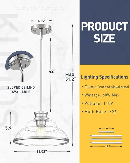 kudos 2 Pack Pendant Lights Kitchen Island, 11" Brushed Nickel Kitchen Island Lighting with Seeded Glass, Farmhouse Hanging Light Fixture for Kitchen Sink Dining Room Hallways, KDPL14-BN-2PK