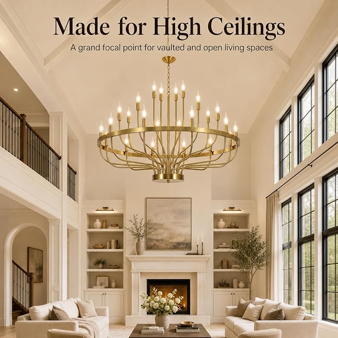 Shandaglo Large Gold Chandelier 24-Light, 39in Wagon Wheel Chandelier for High Ceilings, 3-Tier Foyer Chandelier for Entryway, Dining Room Light Fixture, Living Room Farmhouse Ceiling Light 