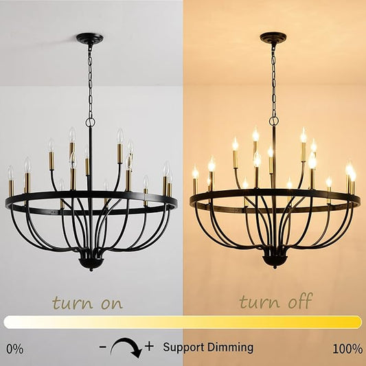 Modern Farmhouse Chandelier for Dining Room 15 Lights, Industrial Black and Gold Lighting Fixture, Candle Pendant Light for Kitchen Island High Ceilings Living Room Hallway Entryway Foyer