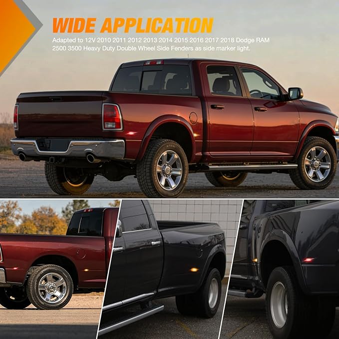 Nilight Wheel Fender Side Marker Lights 4 PCS 3 LED Red Amber Front Rear Clearance Waterproof Plug And Play Smoked Lens Light Compatible With 2010-2018 Dodge Ram 2500 3500 Super Duty