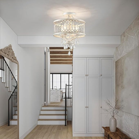 Crystal Ceiling Light Fixture, Modern Semi Flush Mount Ceiling Light, Farmhouse Crystal Chandeliers for Dining Room Light Fixture, Hallway Lighting Fixtures for Kitchen Bedroom Bathroom Foyer Entryway