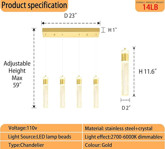 4-Light Gold Pendant Lights Kitchen Island Modern LED Gold Crystal Column Chandeliers Dimmable Crystal Ceiling Light for Dinning Room Living Room 32W