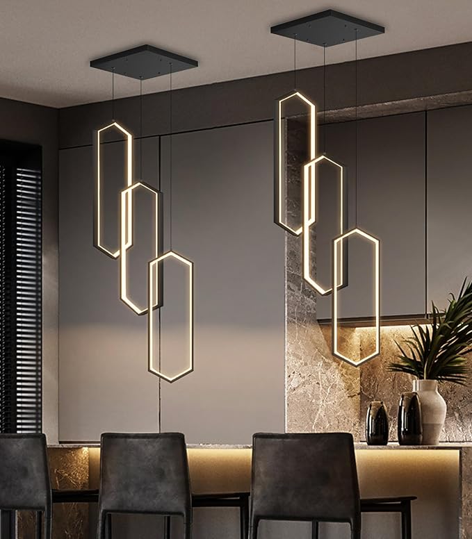 3-Rings Dimmable Pendant Lighting Adjust LED Chandelier Ceiling Light Fixtures for Kitchen Island Dining Room Living Room Bedroom Black