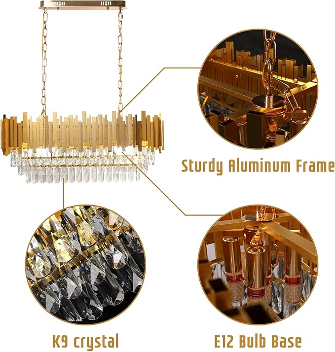 FRIXCHUR Modern Crystal Chandeliers 3-Tier Gold Crystal Chandeliers Oval Pendant Light Brass Chandelier for Dining Room Kitchen Island Living Room
