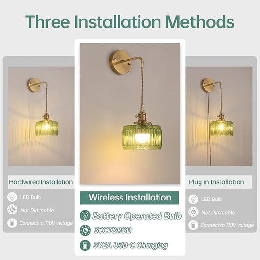Shenmoyl Battery Operated Wall Sconce with Green Striped Shade Pattern Glass Adjustable Chain Retro Gold Wall Mounted Light, Modern Wall Decor for Bedside Bedroom Indoor Doorway, Set of 2