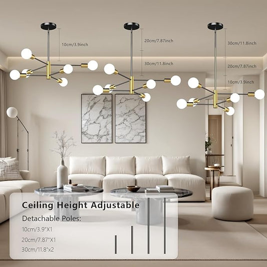 6-Light Black and Gold Mid Century Ceiling Chandelier Height Adjustable for Living Room, Kitchen, Dining Room, Bedroom,Foyer (Bulbs Not Included)