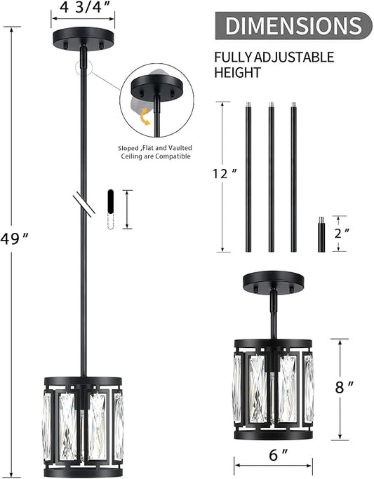Crystal Pendant Lighting Fixture Matte Black Drum Shade Chandelier,3-Pack Pendant Lights for Kitchen Island Modern Ceiling Lights for Living Room