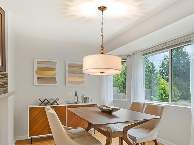Shrine Lighting Drum Chandeliers, Farmhouse Style, Perfect Drum Pendant Light for Dining Room, D20'' x H8'', Adjustable Chains 59'', E26*3 Sockets, White Linen Fabric Lampshade & Gold Rod