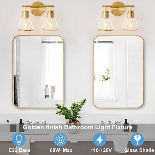 Bathroom Light Fixtures Over Mirror Gold Vanity Lights 2-Lights Bathroom Vanity Light with Clear Glass Shade 14 inch Vanity Lighting Fixtures Modern Wall Sconces Lights for Barth