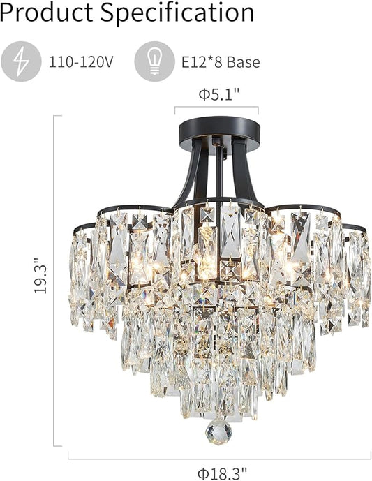 WUZUPS Crystal Chandelier Semi-Flushmount Ceiling Light Modern Lighting Fixture for Bedroom Hallway Entry Kitchen Bathroom, H 19.3" x W 18.3", E12 Base, Black