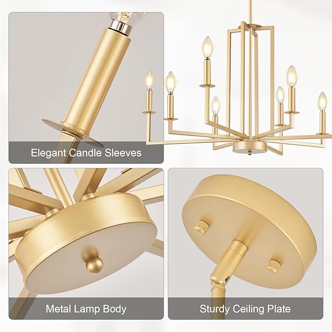 Modern Gold Chandelier, Farmhouse Candle Dining Room Chandeliers, Metal Hanging Pendant Light Fixture for Kitchen, Foyer, Bedroom, Living Room, Staircase, Entryway, 8-Light