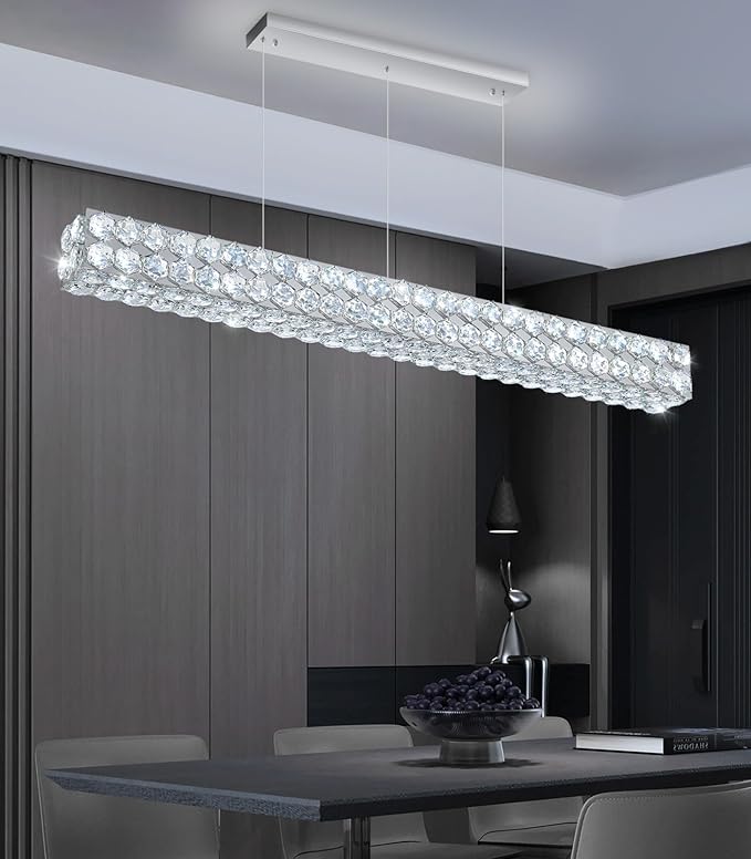 47'' Modern Crystal Chandelier for Dining Room Ceiling Light Fixture for Living Room Hallway Lighting LED Dimmable with Remote Silver