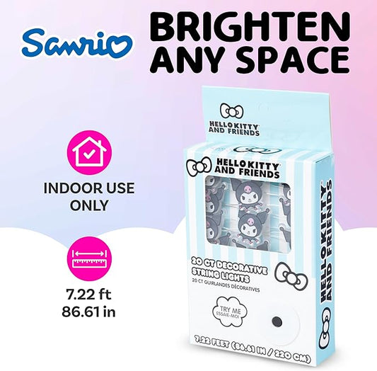 Silver Buffalo Sanrio Hello Kitty and Friends Kuromi 20ct Decorative String Lights, 7 Feet Long, Battery Powered (2 AA Batteries Included), Cool White LED, Indoor Use Only