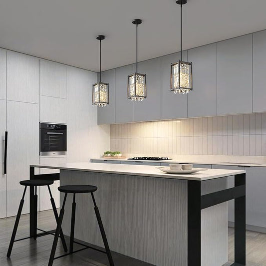 LMQNINE Modern Black Pendant Light Fixtures for Kitchen Island, Crystal Chandelier Lights Fixture, Adjustable Farmhouse Pendant Lighting for Dining Room Bedroom (Square 1-Light)