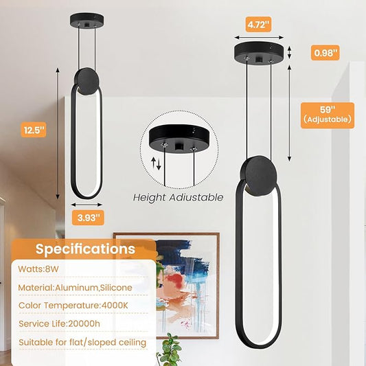 Modern Pendant Lights 2 Pack, Black LED Pendant Light 4000K Bright White Adjustable Height Oval Pendant Light Fixtures for Bedroom Bathroom Kitchen Island