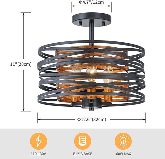 LumFurn D13 inch Farmhouse Ceiling Light, 3-Light Rustic Design Semi-Flushmount Close to Ceiling Light Fixture, for Living Room, Foyer, Bedroom, D12.6 x H11 in, Matte Black & Wood Texture Finish