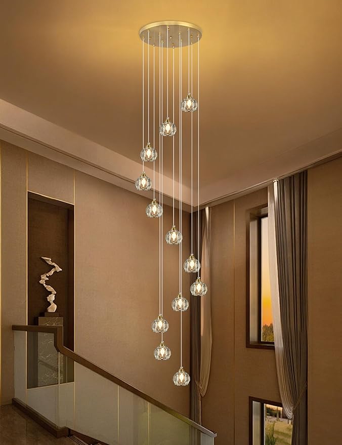 Weesalife Crystal Chandeliers for Staircases, 12-Light Gold Modern Chandeliers for High Ceilings,Crystal Pendant Light Fixture for Living Room Kitchen Island Foyer Hallway Bar