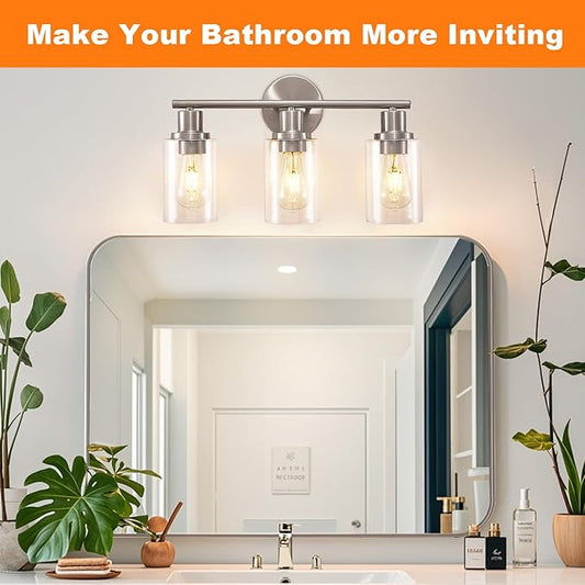 DLLT 3-Light Bathroom Light Fixtures: Nickel Modern Vanity Lights with E26 Bulbs - Clear Glass Shade Bathroom Wall Lamp for Mirror Kitchen Living Room Hallway Cabinet Porch