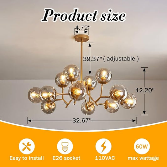 UOFUS 12-Light Glass Globe Sputnik Chandelier Mid-Century Modern Matte Gold Ceiling Light Fixture Vintage Hanging Pendant Light for Bedroom Living Room Kitchen Farmhouse Dining Room