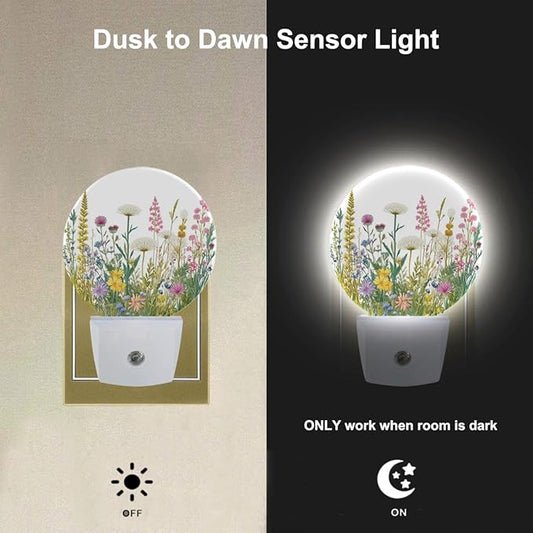 EKOBLA Watercolor Herbs and Wild Flowers Night Light, Green Botanical Floral Leaves Plug into Wall with Dusk to Dawn Light Sensors, Warm Nightlights for Girls Women