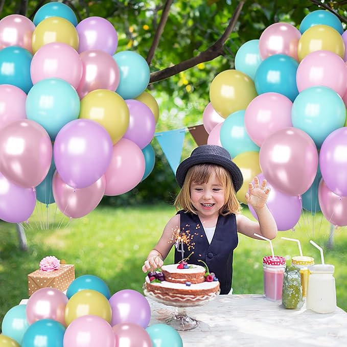 HILAVO Pastel Balloons 60 Pcs Metallic Pink Purple Teal Blue Yellow Multicolor Latex Balloon Macaron Rainbow Pastel Color Party Balloons for Girls Birthday Baby Shower Bridal Wedding Party Decorations